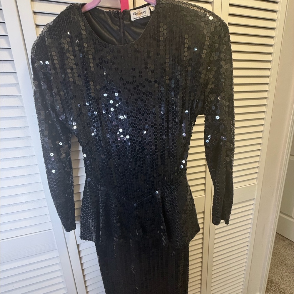 Oleg Cassini Black Sequin Long Sleeve Dress